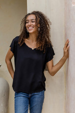 Rayon stitch-accent top, 'Mysterious Black' - Stitch-Accent Black Rayon Top with Short Dolman Sleeves