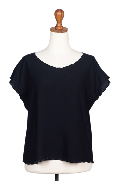 Rayon stitch-accent top, 'Mysterious Black' - Stitch-Accent Black Rayon Top with Short Dolman Sleeves