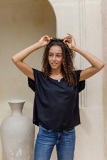 Rayon stitch-accent top, 'Mysterious Black' - Stitch-Accent Black Rayon Top with Short Dolman Sleeves