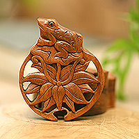 Wood puzzle box, 'Fortune Lotus' - Hand-Carved Frog and Lotus-Themed Suar Wood Puzzle Box