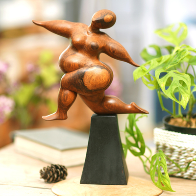 Wood sculpture, 'Dance of Happiness' - Hand-Carved Inspirational Suar Wood Sculpture of a Woman