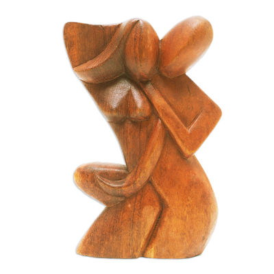 Wood sculpture, 'Comfort Hug' - Hand-Carved Romantic Suar Wood Sculpture of a Couple