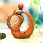 Wood sculpture, 'Son's Happiness' - Hand-Carved Suar Wood Abstract Sculpture of Father and Son