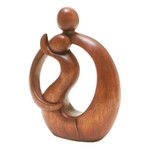 Wood sculpture, 'Son's Happiness' - Hand-Carved Suar Wood Abstract Sculpture of Father and Son