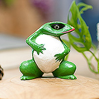 Wood figurine, 'Satisfied Frog' - Frog Wood Figurine Hand-Carved and Hand-Painted in Bali