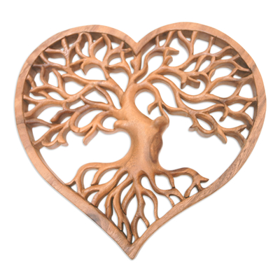 Wood relief panel, 'Tree of Life in Love' - Tree of Life Wood Relief Panel Hand-Carved in Bali