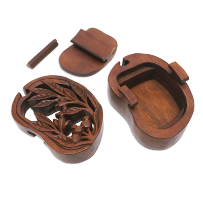 Wood puzzle box, 'Spring Vibes' - Hand-Carved Leafy Suar Wood Puzzle Box from Bali