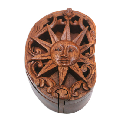 Wood puzzle box, 'Sun's Mystery' - Hand-Carved Sun-Themed Suar Wood Puzzle Box from Bali