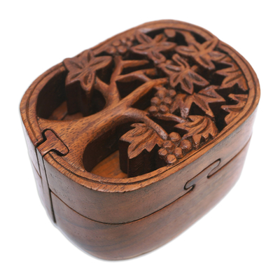 Wood puzzle box, 'Apple Nature' - Hand-Carved Nature-Themed Suar Wood Puzzle Box from Bali