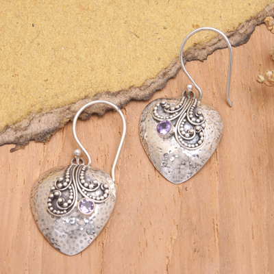 Amethyst dangle earrings, 'Purple Heart' - Amethyst and Sterling Silver Heart-Shaped Dangle Earrings