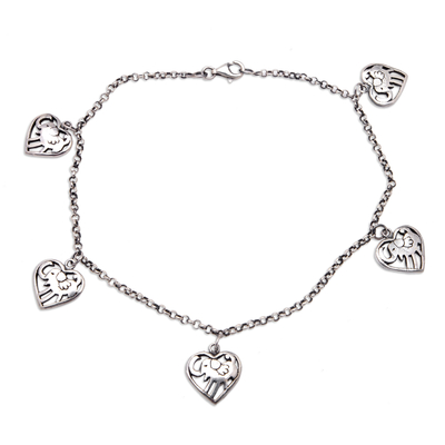 Sterling silver anklet, 'Elephant Hearts' - Sterling Silver Anklet with Heart-Shaped Elephant Charms