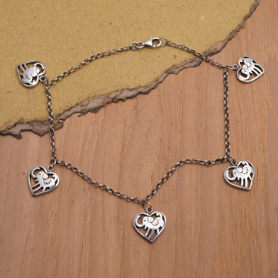 Sterling silver anklet, 'Elephant Hearts' - Sterling Silver Anklet with Heart-Shaped Elephant Charms