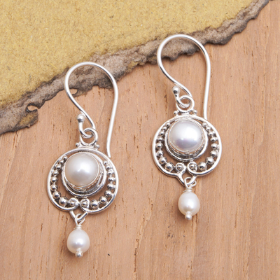 Cultured pearl dangle earrings, 'Virtuous Ocean' - Classic Sterling Silver Dangle Earrings with Cultured Pearls