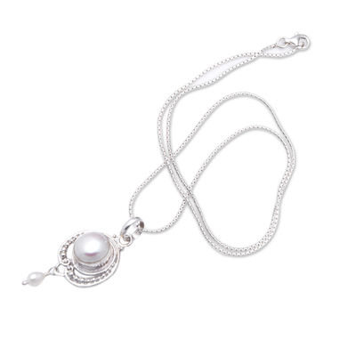 Cultured pearl pendant necklace, 'Virtuous Ocean' - Classic Sterling Silver Pendant Necklace with Pearls
