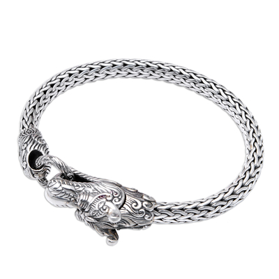 Men's sterling silver chain pendant bracelet, 'Basuki Glory' - Men's Basuki Dragon Sterling Silver Chain Pendant Bracelet