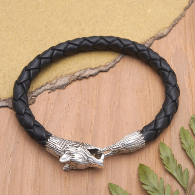 Leather and sterling silver pendant bracelet, 'Midnight Wolf' - Wolf-Themed Leather and Sterling Silver Pendant Bracelet