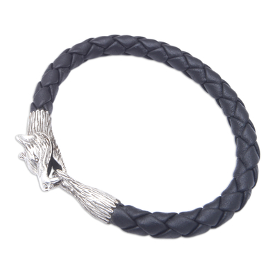 Leather and sterling silver pendant bracelet, 'Midnight Wolf' - Wolf-Themed Leather and Sterling Silver Pendant Bracelet