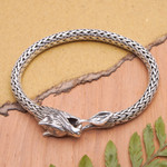 Men's sterling silver chain pendant bracelet, 'Wolf Glory' - Men's Wolf-Themed Sterling Silver Chain Pendant Bracelet