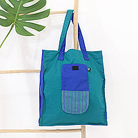 Foldable cotton tote bag, 'Turquoise Gejayan' - Hand-Woven Foldable Cotton Tote Bag with Java Lurik Pattern