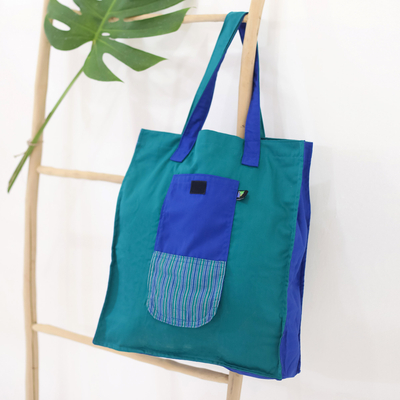 Foldable cotton tote bag, 'Turquoise Gejayan' - Hand-Woven Foldable Cotton Tote Bag with Java Lurik Pattern