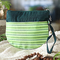 Cotton clutch wristlet, 'Lurik Sphere Green' - 100% Cotton Striped Green Clutch Wristlet Handwoven in Java