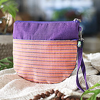 Cartera de mano de algodón, 'Lurik Sphere Purple' - Cartera de mano 100% algodón a rayas moradas tejida a mano en Java
