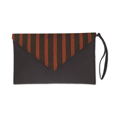Striped Dark Brown Cotton Wristlet with Removable Strap