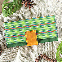 Cotton clutch, 'Green Sekaten' - Handwoven Striped Green and Yellow Cotton Clutch from Java