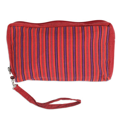 Multi-Pocket Red and Purple Wristlet Bag Crafted from Cotton