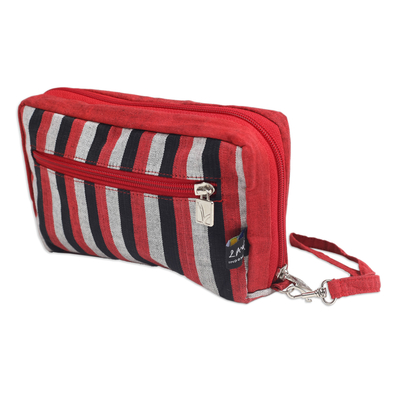 Cotton wristlet bag, 'Versatile Crimson' - Multi-Pocket Striped Wristlet Bag Handwoven from Cotton