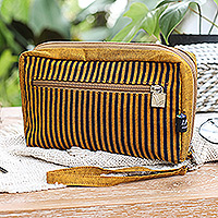 Bolso de mano de algodón, 'Versatile Yellow' - Bolso de mano amarillo a rayas con múltiples bolsillos hecho de algodón