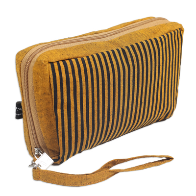 Cotton wristlet bag, 'Versatile Yellow' - Multi-Pocket Striped Yellow Wristlet Bag Crafted from Cotton