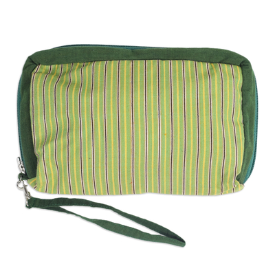Multi-Pocket Striped Green Wristlet Bag Crafted from Cotton