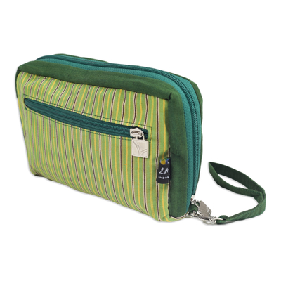 Cotton wristlet bag, 'Versatile Green' - Multi-Pocket Striped Green Wristlet Bag Crafted from Cotton