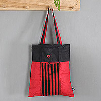 Foldable cotton tote bag, 'Vibrant Gejayan' - Red and Black Foldable Cotton Tote Bag with Lurik Pattern