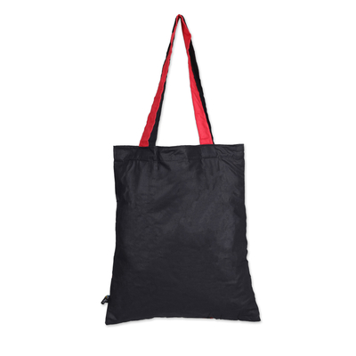 Bolsa de algodón plegable, 'Vibrant Gejayan' - Bolsa de algodón plegable roja y negra con patrón Lurik