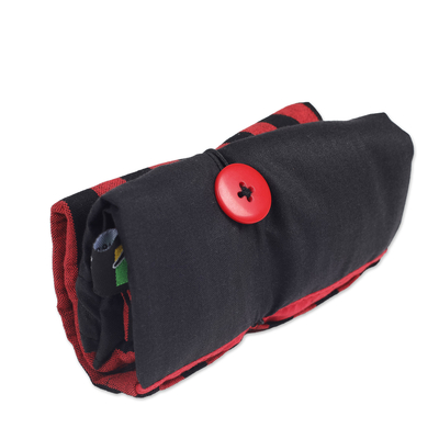 Bolsa de algodón plegable, 'Vibrant Gejayan' - Bolsa de algodón plegable roja y negra con patrón Lurik