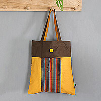 Foldable cotton tote bag, 'Striped Gejayan' - Foldable Cotton Tote Bag with Striped Pattern from Java