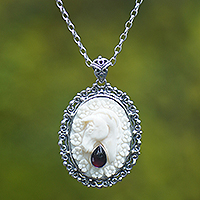 Men's garnet pendant necklace, 'Pony with Blossoms'