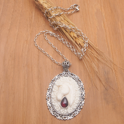 Men's garnet pendant necklace, 'Pony with Blossoms' - Men's Garnet and Sterling Silver Horse Pendant Necklace