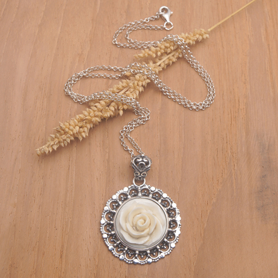 Sterling silver pendant necklace, 'Peace Rose' - Handcrafted Sterling Silver Rose-Themed Pendant Necklace