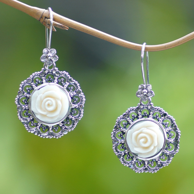 Sterling silver dangle earrings, 'Tamiang Roses' - Sterling Silver Rose Dangle Earrings with Openwork Accents