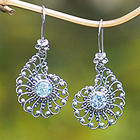 Blue topaz drop earrings, 'Blossoming Bali'