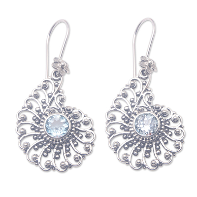 Blue topaz drop earrings, 'Blossoming Bali' - Sterling Silver Floral Drop Earrings with Blue Topaz Stones