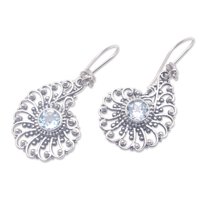 Blue topaz drop earrings, 'Blossoming Bali' - Sterling Silver Floral Drop Earrings with Blue Topaz Stones