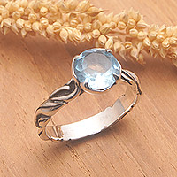 Blue topaz single stone ring, 'Marine Gem' - Ocean-Themed Sterling Silver Ring with Faceted Blue Topaz