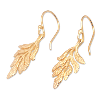 Gold-plated dangle earrings, 'Palatial Forest' - Leafy 18k Gold-Plated Brass Dangle Earrings from Bali