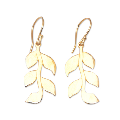 Gold-plated dangle earrings, 'Imperial Foliage' - Leafy 18k Gold-Plated Brass Dangle Earrings Crafted in Bali