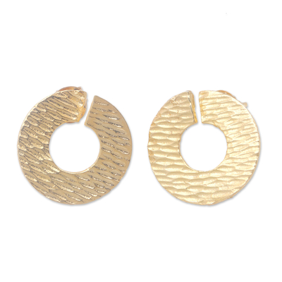Gold-plated button earrings, 'Golden Donut Dame' - Round Hammered 18k Gold-Plated Brass Button Earrings