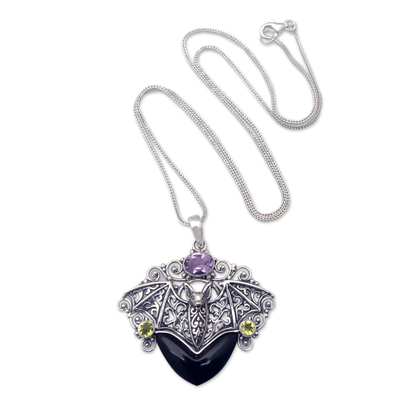 Amethyst and peridot filigree pendant necklace, 'Vampire Queen - Bat-Inspired Pendant Necklace with Amethyst and Peridot Gems